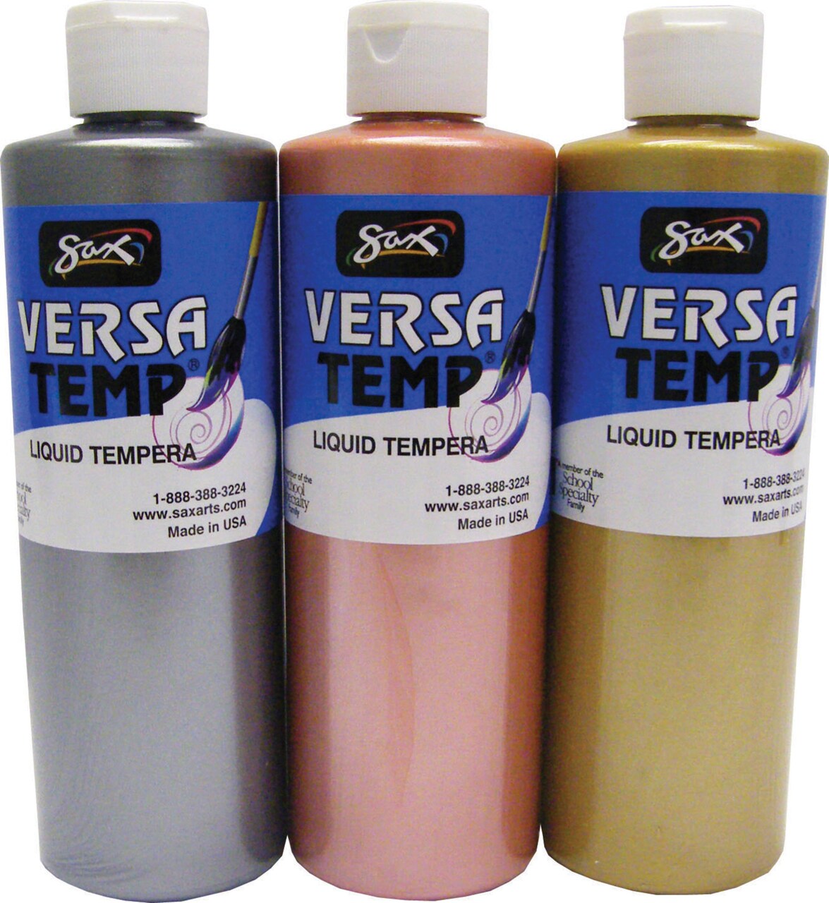 Sax Versatemp Heavy-Bodied Tempera Paint, 1 Pint Bottles, Assorted Metallic Colors, Set of 3